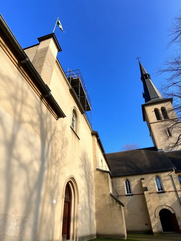 A high-quality photo of the Heuilley-sur-Saône church exterior, showcasing its current state and highlighting areas needing restoration.