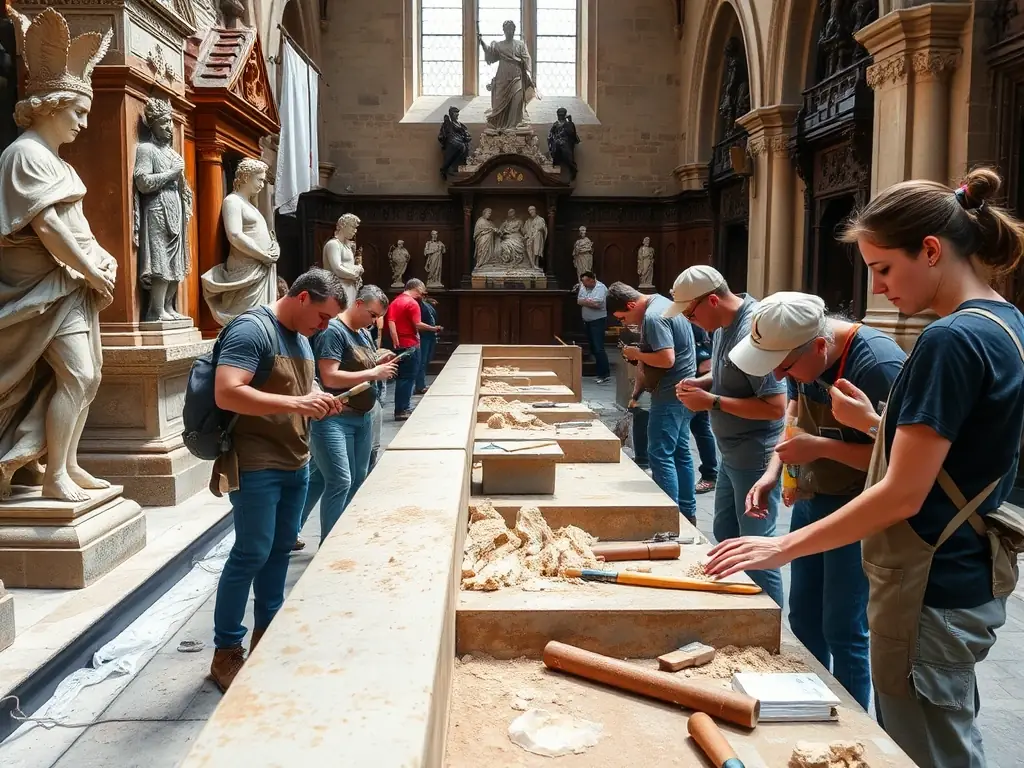 A group of volunteers working together to clean and restore a section of the historic church in Heuilley-sur-Saône, showcasing community involvement in heritage preservation.