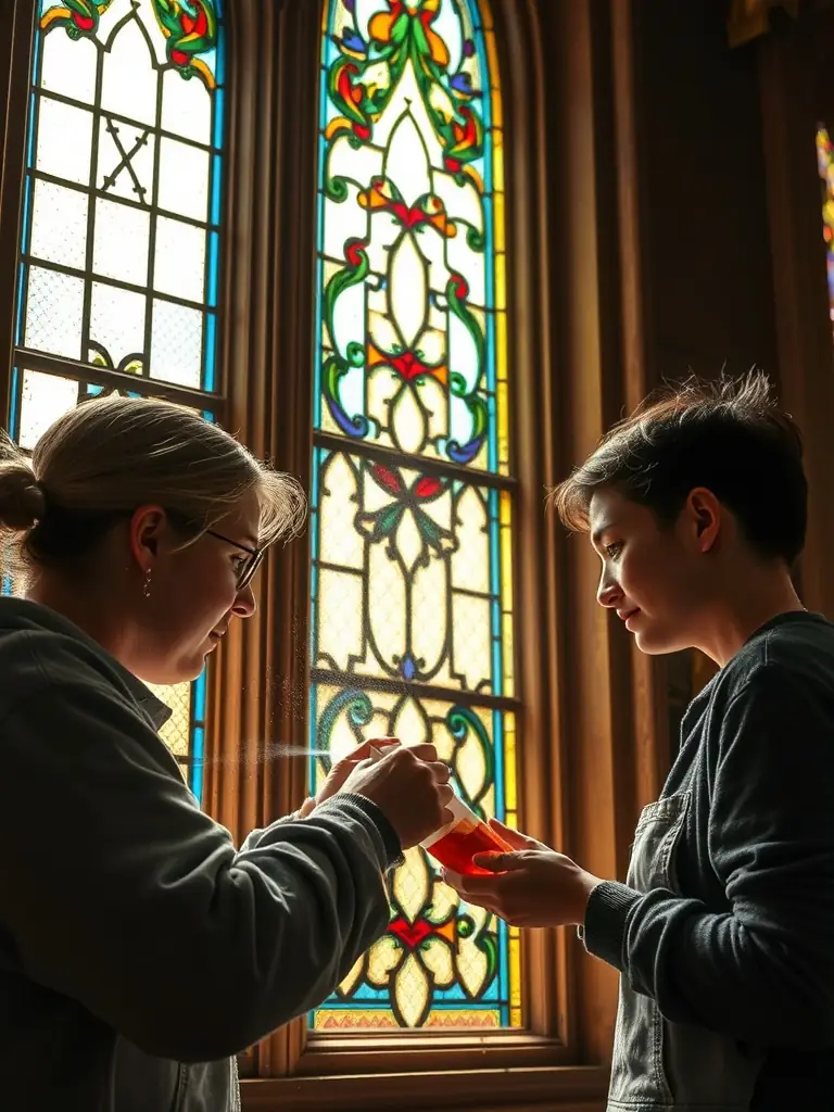 A photo of volunteers carefully restoring a section of the church's stained glass window, emphasizing the meticulous work involved.