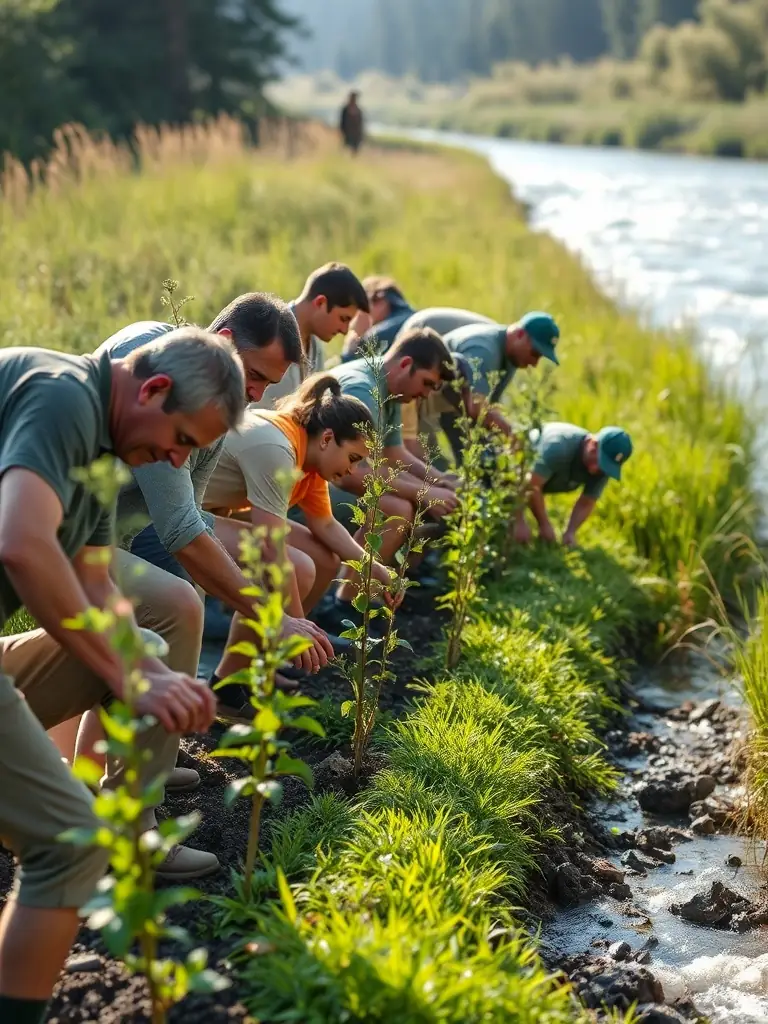 A photo of the Saône riverbank, with visible signs of erosion and a small group of volunteers planting vegetation.