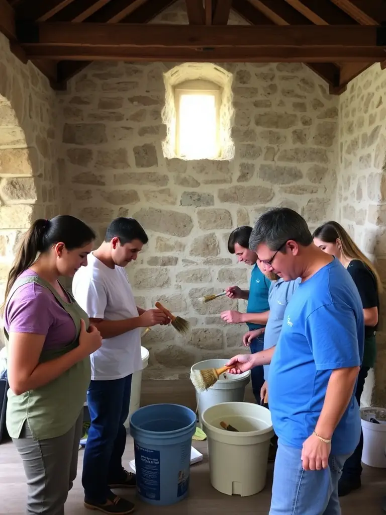 A photo of volunteers working on cleaning and restoring old artifacts found within the church, showcasing community involvement.