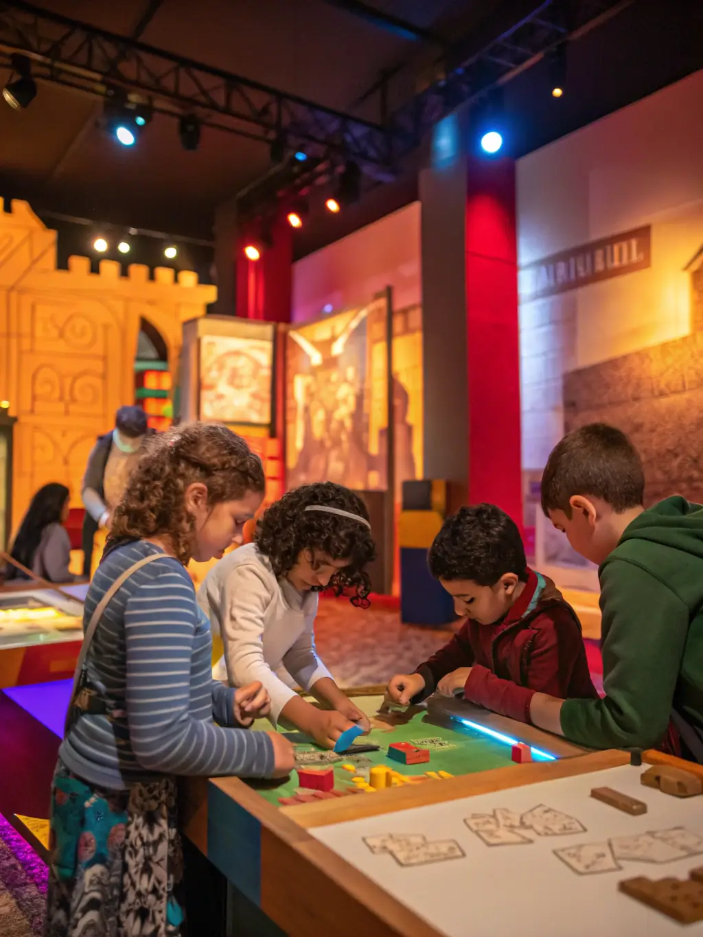 A group of children participating in an educational workshop about local history, learning about the significance of historical artifacts.