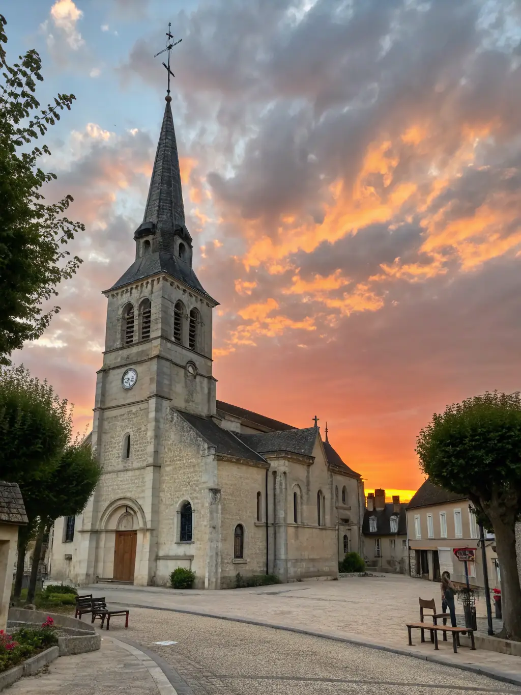 A photograph capturing the restored facade of the Heuilley-sur-Saône church, bathed in the warm light of a late afternoon, symbolizing the tangible results of preservation efforts.