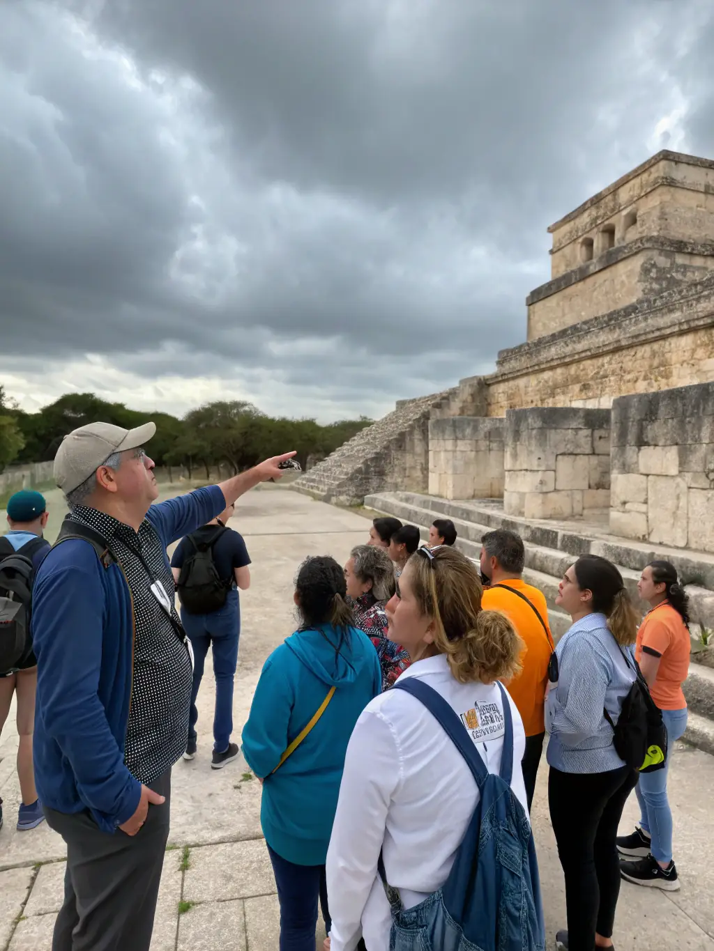 A group of children on a guided tour of a historical site, listening attentively to a storyteller, emphasizing the educational aspect of heritage preservation.
