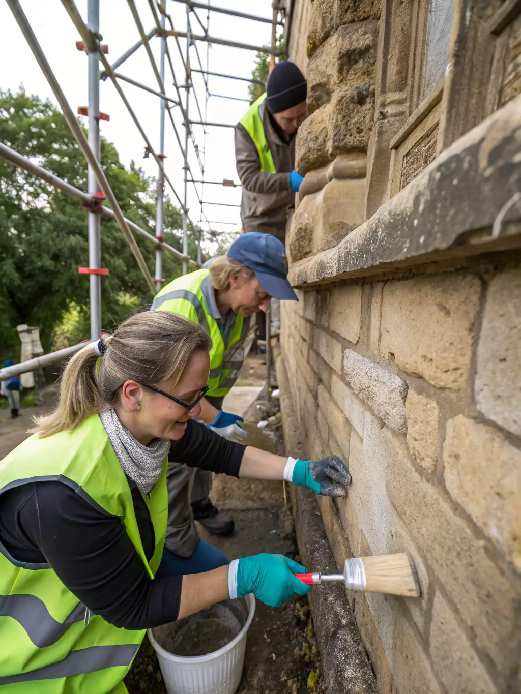 A photograph of volunteers cleaning and restoring a section of the old stone wall surrounding the Heuilley-sur-Saône church, showcasing community involvement in heritage preservation.